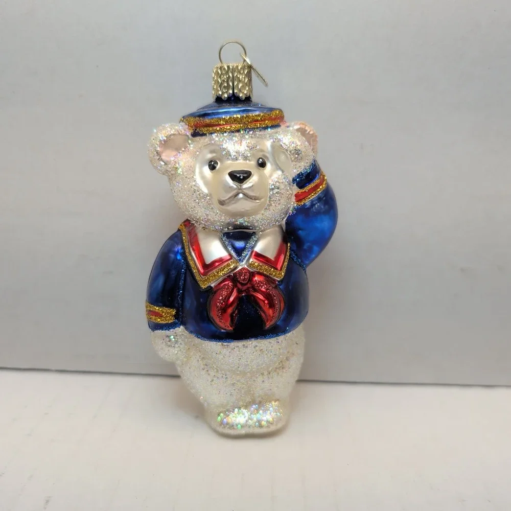 Old World Christmas Sailor Bear Glass Ornament Blue Uniform Saluting